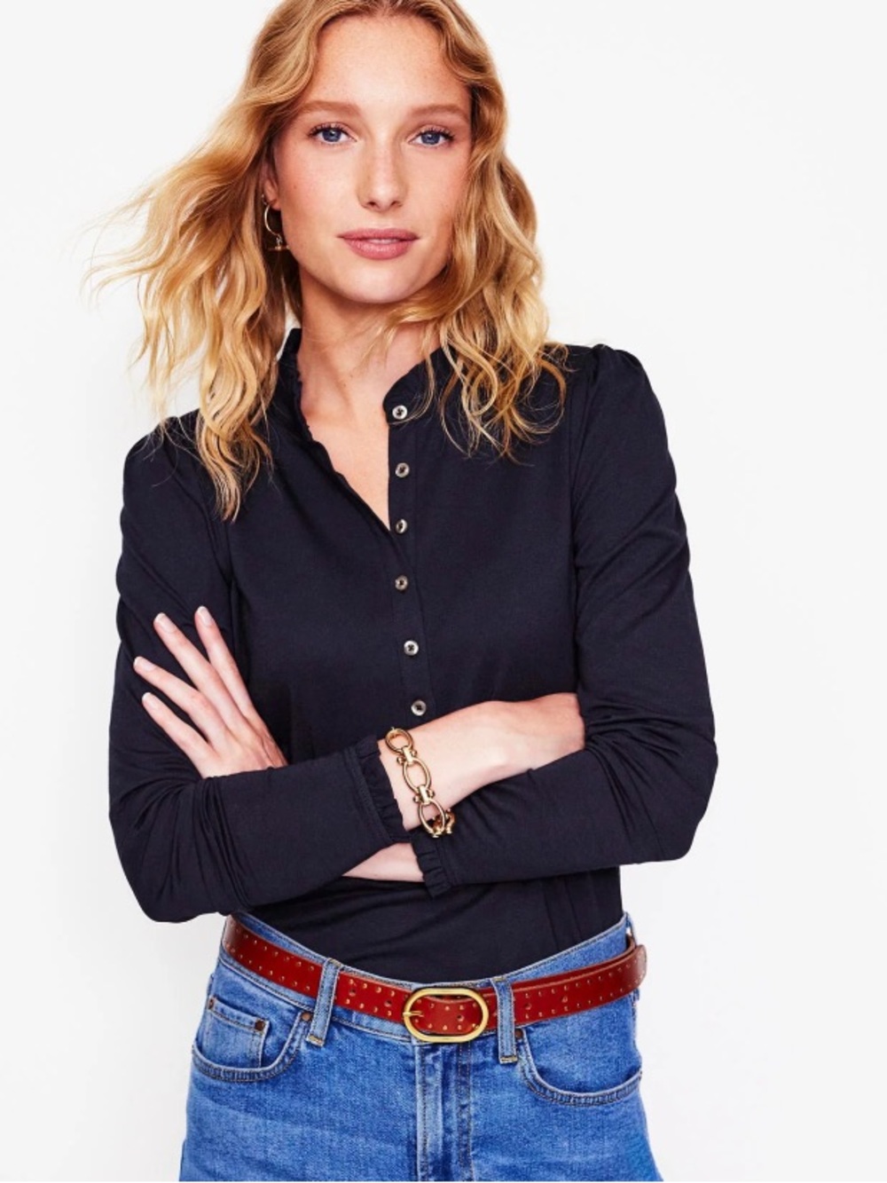 Boden Supersoft Frill Henley Top in Navy